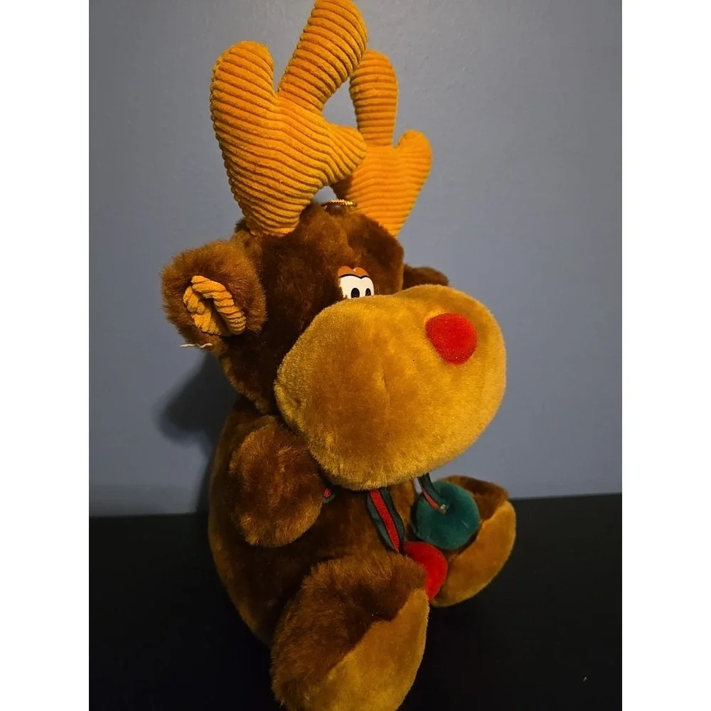 Vintage‎ Reindeer Plush Corduroy Antlers Red Green Christmas 10
